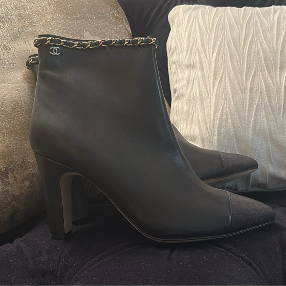 CHANEL Black Ankle Boots with Chain Detail
